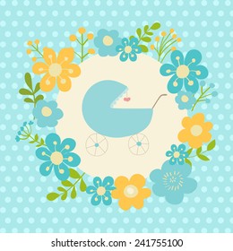 Cute baby card. Blue pram, flowers. Ideal for baby shower invitation card, birthday card, etc.