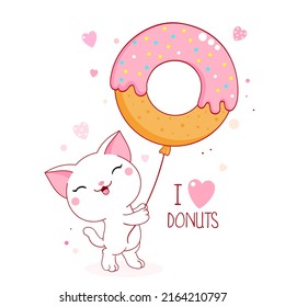 Cute Baby Card With Cat In Kawaii Style. Lovely Kitty With Donut-shaped Balloon. Inscription I Love Donuts. Can Be Used For T-shirt Print, Stickers, Greeting Card Design. Vector Illustration EPS8