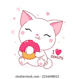 Cute baby card with cat in kawaii style. Little white kitty happy eat donut. Inscription I love donuts. Can be used for t-shirt print, stickers, greeting card design. Vector illustration EPS8