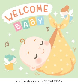 Cute baby card full of love and little fairy. Welcome baby! Neutral for boy and girl. Soft pastel color. Vector illustration.
