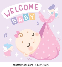 Cute baby card full of love and little fairy. Welcome baby! It's a girl. Soft pastel color. Vector illustration.
