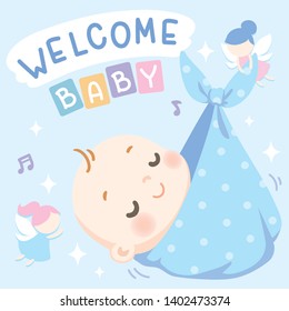 Cute baby card full of love and little fairy. Welcome baby! It's a boy. Soft pastel color. Vector illustration.
