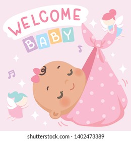 Cute baby card full of love and little fairy. Welcome baby! It's a girl. Soft pastel color. Vector illustration.
