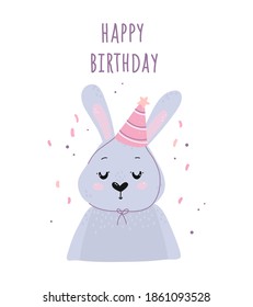 cute baby card happy birthday with rabbit bunny in party hat, holiday congratulations, vector illustration for poster, stickers, greeting cards