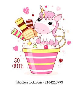 Cute baby card in kawaii style. Lovely unicorn and ice cream. Inscription So cute. Can be used for t-shirt print, stickers, greeting card design. Vector illustration EPS8