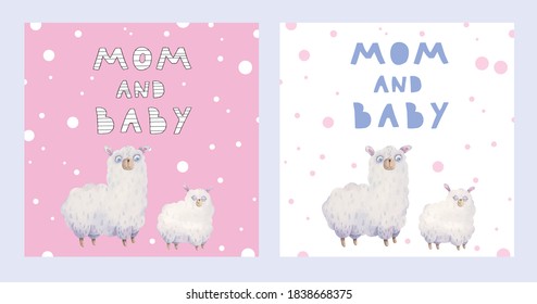 cute baby card mother and baby, cute alpacas, llamas, illustration, room decor, print