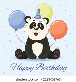 Cute baby card with panda and colorful balloons. Beautiful birthday card. Vector illustration.