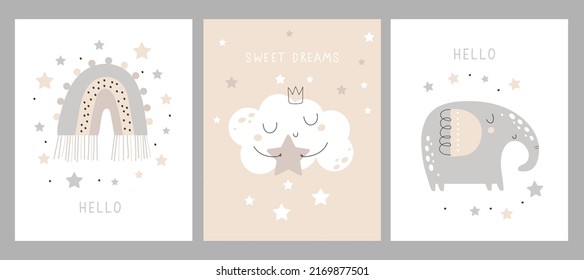 Cute baby card set, posters with bunny, elephant, moon. For baby room, greeting cards and baby t-shirts. Vector illustrations