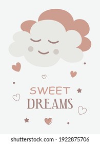 Cute baby card with a sleepy dreamy cloud in pastel colors. For printing children's paintings for the bedroom, notebooks, decorative pillows. Vector graphics.