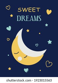 Cute baby card with a sleepy dreamy moon in blue and yellow colors. For printing children's paintings for the bedroom, notebooks, decorative pillows. Vector graphics.