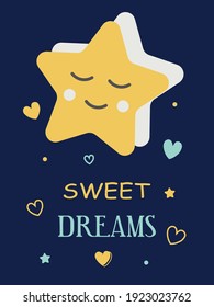 Cute baby card with a sleepy dreamy star in blue and yellow colors. For printing children's paintings for the bedroom, notebooks, decorative pillows. Vector graphics.