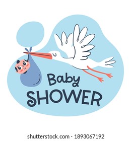 Cute baby card template with a hand drawn stork holding a baby boy.