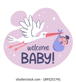 Cute baby card template with a hand drawn stork holding a baby girl.