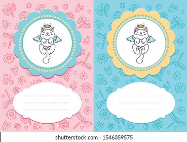 
Cute baby cards. Baby-girl and baby-boy cards with angel kittens on floral background. Some blank space for your text included.