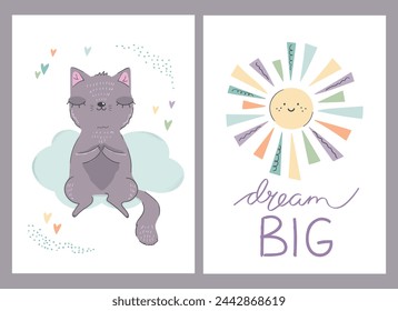 Cute baby cards with a cat and rainbow colored sun. Dream big hand drawn quote. For baby shower, invitations, greeting cards. Vector illustrations.