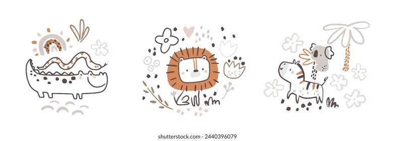 Cute baby cards jungle animals isolated white background. Hand drawn childish print with african animals, palms and flowers. Vector collection pastel color