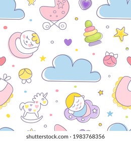 Cute Baby Care Vector Seamless Pattern with Cloud and Pram