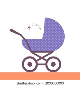 Cute baby carriage with a crying baby The toddler spat out a pacifier. Vector flat illustration