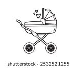 Cute baby carriage hand drawn doodle icon. Stroller drawing isolated sign. sketch of a stroller on wheels. Thin Monochrome black doodle. . Vector illustration