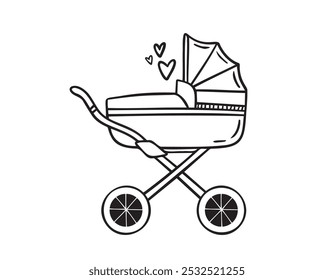 Cute baby carriage hand drawn doodle icon. Stroller drawing isolated sign. sketch of a stroller on wheels. Thin Monochrome black doodle. . Vector illustration