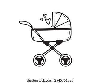 Cute baby carriage hand drawn doodle icon. Stroller drawing isolated sign. sketch of a stroller on wheels. Thin Monochrome black doodle. . Vector illustration