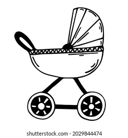 Cute baby carriage vector icon. Hand-drawn stroller isolated on white background. A sketch of a stroller on wheels. Thin black doodle. Monochrome illustration.