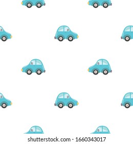 Cute baby cars pattern seamless kids background. Blue cartoon cars on white. Baby boys design vector