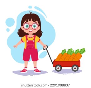 Cute baby with a cart of carrots