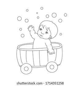 cute baby in the cart . vector illustration. For cartoon education, pre school education, kindergarten and kids and children. Coloring page and books, outline