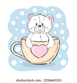 Cute baby cartoon bear sitting in cup. Vector illustration. Can be used for t-shirt print, kids wear fashion design, baby shower invitation card