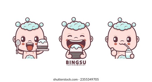 tira cómica de bebé lindo con bingsu. establecer el vector de dibujos animados con diferentes expresiones, adecuado para, marca de logotipo, pegatinas, iconos, etc.