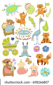 Cute baby cartoon collection with animals for card, holiday design, Vector
