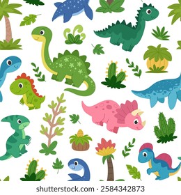 Cute baby cartoon dinosaurs seamless pattern. Children's repeating background with dinosaurs and prehistoric plants. White background.