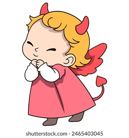 Cute baby cartoon doodle, fat baby girl wearing a red devil costume for Halloween celebration