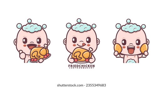 cute baby cartoon with fried chicken. set cartoon vector with different expressions, suitable for, logo brand, stickers, icons, etc.