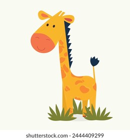 Cute baby cartoon giraffe illustration in children's style on white isolated background. Fanny vibrant wild animal. For characters children's books, cartoons, posters.