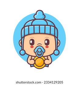 cute baby cartoon with gold coins. vector illustration, mascot, icon, sticker.