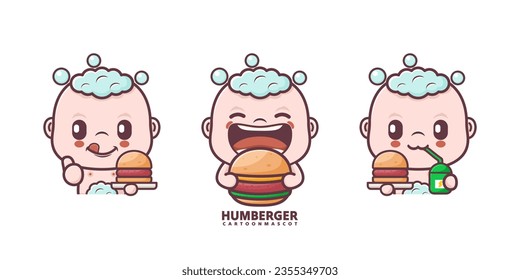 cute baby cartoon with hamburger. set cartoon vector with different expressions, suitable for, logo brand, stickers, icons, etc.