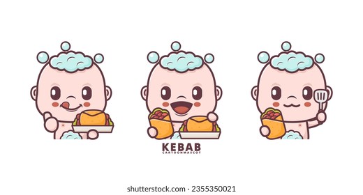 cute baby cartoon with kebab. set cartoon vector with different expressions, suitable for, logo brand, stickers, icons, etc.