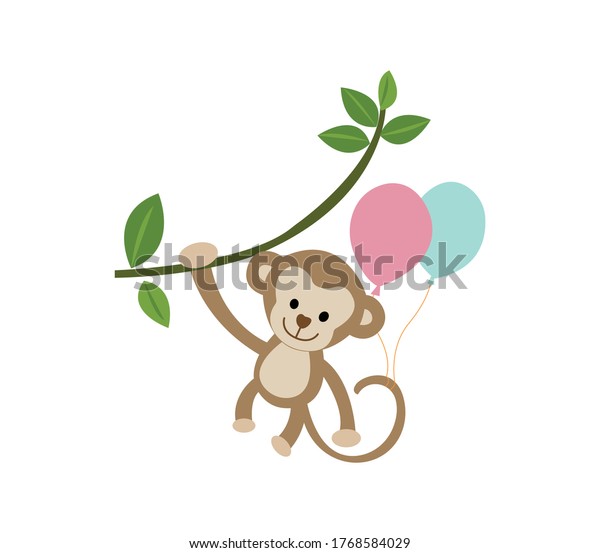Cute baby cartoon monkey hanging on tree\
vector illustration