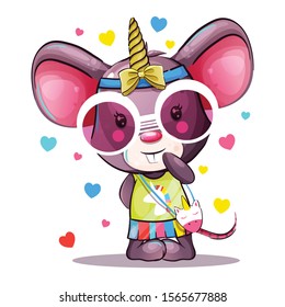 Cute baby cartoon Mouse in unicorn costume