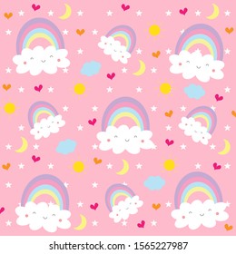 Cute baby cartoon pattern (Rainbow ,Smile cloud happy face ,Sun ,Moon ,Star ,Heart) isolated on pink pastel background.Design for girl or kids.Using as wallpaper ,print or screen.Sweet dream concept.