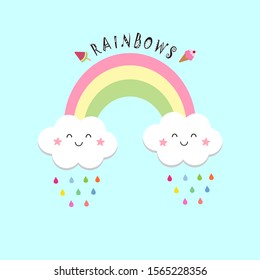 Cute Baby Cartoon Pattern (Rainbow ,Smile Cloud Happy Face ,Star ,Rainy ,Ice Cream) Isolated On Blue Sky Background.Design For Girl Or Kids.Using As Wallpaper ,print Or Screen.Sweet Dream Concept.