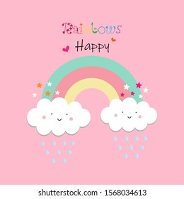 Cute baby cartoon pattern (Rainbow ,Smile cloud happy face ,Star ,Heart ,Rainy) isolated on pink pastel background.Design for girl or kids.Using as wallpaper ,print or screen.Sweet dream concept.