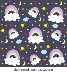 Cute baby cartoon pattern (Rainbow ,Smile cloud happy face ,Sun ,Moon ,Star ,Heart) isolated on deep blue background.Design for girl or kids.Using as wallpaper ,print or screen.Sweet dream concept.