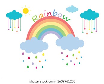 Cute baby cartoon pattern (Rainbow ,sun ,colorful water droplets ,cloud) isolated on white background.Design for girl or kids.Using as wallpaper ,print or screen.Rainy day concept.