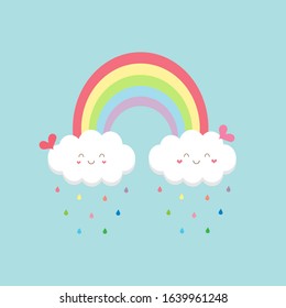 Cute baby cartoon pattern (Rainbow ,smile cloud happy face ,heart ,colorful droplets) isolated on blue sky background.Design for girl or kids.Using as wallpaper ,print or screen.Rainy day concept.