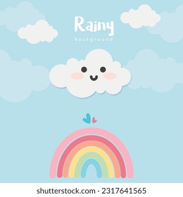 Cute baby cartoon pattern (Rainbow ,Smile cloud happy face ,Star ,Rainy) isolated on blue sky background.