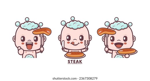cute baby cartoon with steak. set cartoon vector with different expressions, suitable for, logo brand, stickers, icons, etc.