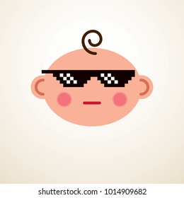 Cute baby cartoon vector flat icon, cool child with pixel glasses of life thug emoji.